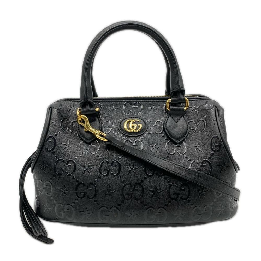 GUCCI GG Embossed Star Medium Handbag 675773 Shoulder Bag Brown Beige Leather...